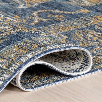 Blue and Yellow Reversible Medallion Synthetic Area Rug