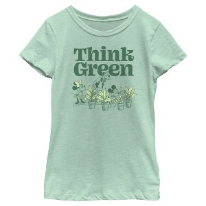 Girl's Mickey & Friends Green Think Plant Lovers T-Shirt - 1 of 4