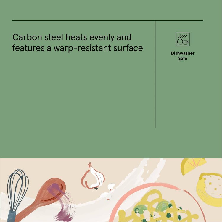 A green background with text stating "Carbon steel heats evenly and features a warp-resistant surface" and an icon with "Dishwasher Safe" on the right, above an illustration of kitchen utensils and food.