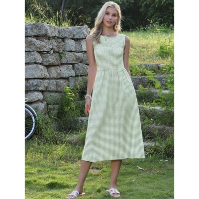 Женские платья INSPIRE CHIC Women's Plaid Smocked Sleeveless Crew Neck Flowy Summer A-Line Midi Dresses Large Light Green — фото 4