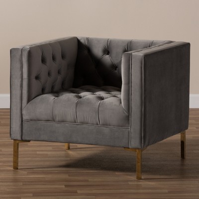 Zanetta Grey Velvet Upholstered Gold Finished Lounge Chair