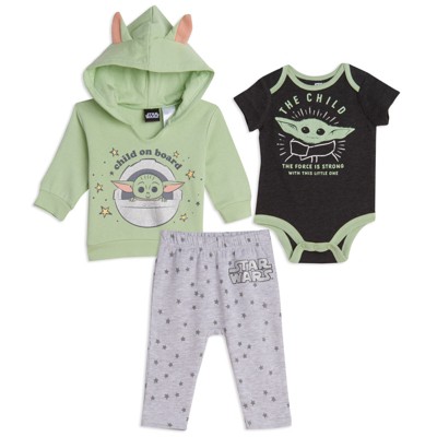 Star Wars The Child Infant Baby Boys Fleece Hoodie Short Sleeve Bodysuit and Pants 3 Piece Outfit Set Grey / Green 12 Months