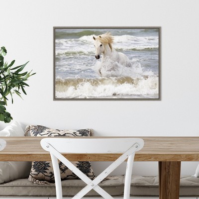27" x 19" White Horse in Surf Canvas Print