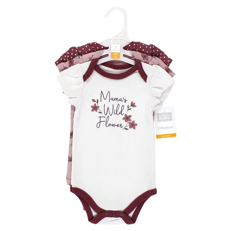 Hudson Baby Infant Girl Cotton Bodysuits, Plum Wildflower, 2 of 6