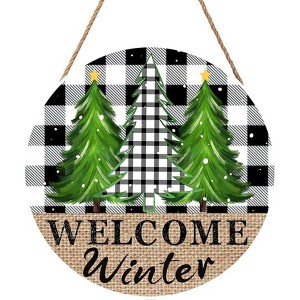 Lomsoe Welcome Winter Front Door Sign Hello Winter Buffalo Plaid Door Sign Christmas Trees Wood Sign Winter Trees Hanging Plaque Christmas Decor - 1 of 1