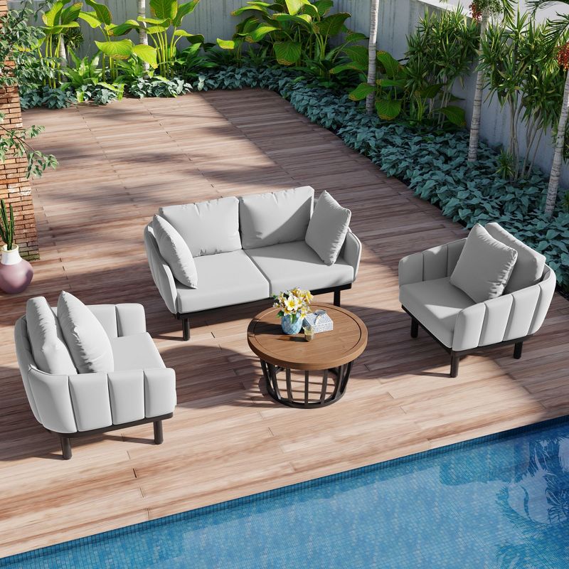 Modern 4-Piece Outdoor Iron Frame Conversation Set, Patio Chat Set with Acacia Wood Round Coffee Table 4M - ModernLuxe, 2 of 14