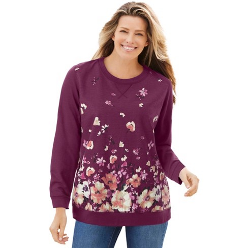 Woman Within Women s Plus Size Printed Sweatshirt 1x Deep Claret Growing Garden Target