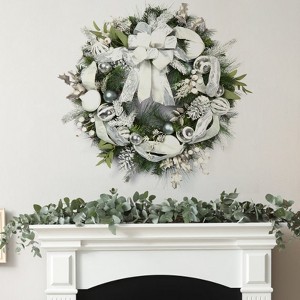 30 Inch Christmas Wreath - PVC Base, PE Plastic Leaves, Iron Wreath Frame, Warm White Lights, and Eight Function Lights - 1 of 4