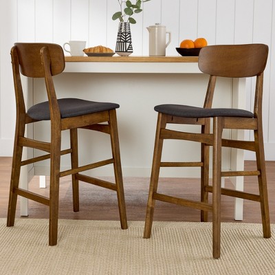 Walnut and Charcoal Upholstered Wood Counter Height Bar Stools, Set of 2
