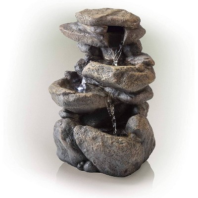 11" Gray Fiberglass 3-Tier Rock Tabletop Fountain with LED Light