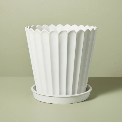 Large Scallop-Fluted Stoneware Indoor/Outdoor Planter Pot with Saucer Cream - Hearth & Hand™ with Magnolia