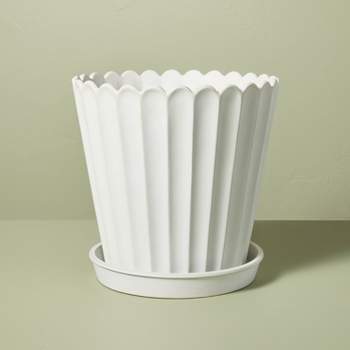 Scallop-Fluted Stoneware Indoor/Outdoor Planter Pot with Saucer Cream - Hearth & Hand™ with Magnolia