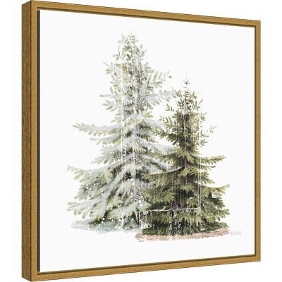 16" x 16" Vintage Wooded Holiday Trees in Snow by Katie Pertiet Framed Canvas Wall Art - Amanti Art: Seasonal Decor, Lithograph Print