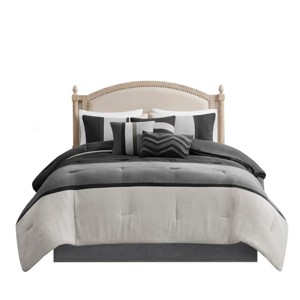 Gulches Madison Park 7 Piece Black Charcoal Light Gray Colorblock Microsuede Cal King Comforter Set - 1 of 4