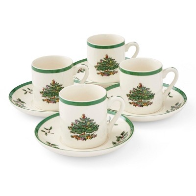 Spode Christmas Tree Espresso Cup & Saucer Set (Set of 4) - Festive 3 Ounce Coffee Mugs with Saucers, Fine Earthenware - Dishwasher & Microwave Safe,