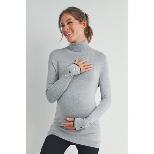 Hello Miz Women's Long Sleeve Mock Neck Button Cuff Maternity Top - 1 of 4