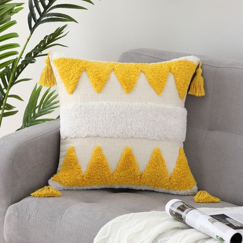 Trinity Boho Tufted Tassels Chenille Decorative Throw Pillow Covers Yellow 18 x 18 Inches