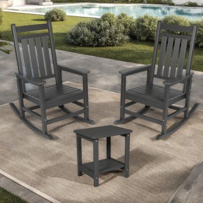 FURNIinspire Patio Seating Sets 3 Pieces Outdoor Rocking Chair With Side Table, Wood Texture Rocking Chairs With Gray Side Table, Gray, 35“*23”*41“