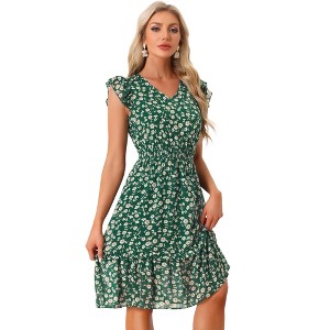 Allegra K Women's Floral Flutter Sleeves V Neck Smocked Ruffle Sundresses - 1 of 4