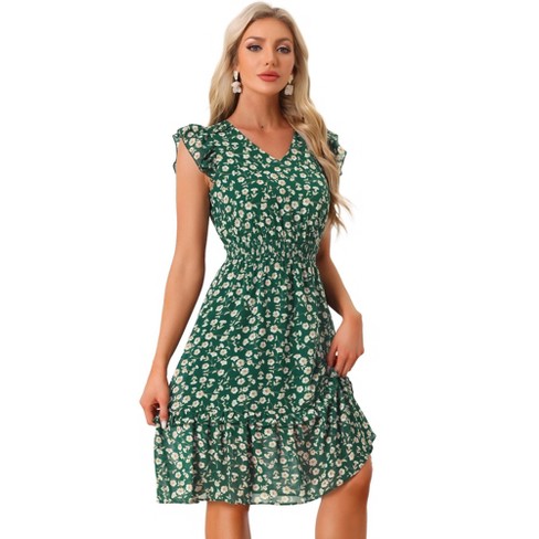 Allegra K Women's Floral Flutter Sleeves V Neck Smocked Ruffle ...