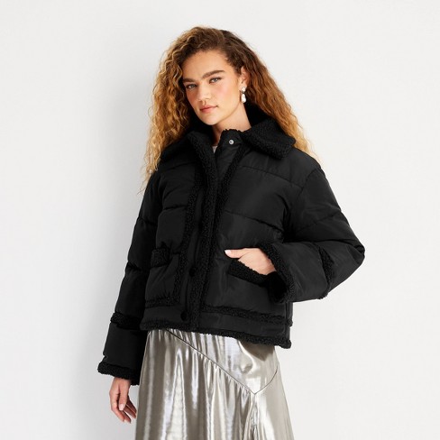 Women's Shearling Trim Button-Front Puffer Jacket - Future Collective Black - image 1 of 3