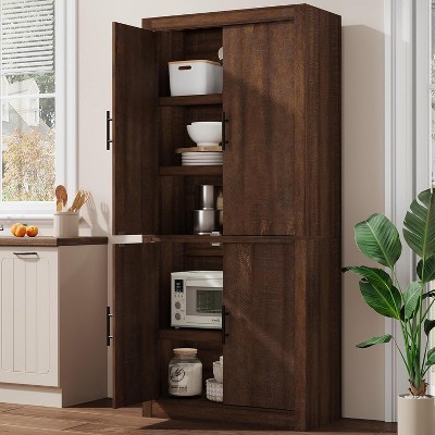 coucheta Kitchen Pantry Storage Cabinet with 4 Magnetic Doors & Adjustable Shelves, Freestanding Farmhouse Cupboard for Living Room, Dining Room