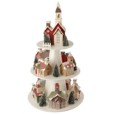 Raz Imports 26" White and Red Pre-Lit 3-Tier Christmas House Display Decor