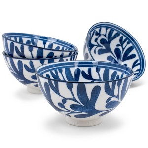 Nat & Jules Leaves White and Blue 18 ounce Ceramic Cereal Ramen Bowls Set of 4 - 1 of 4