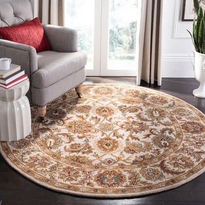 Ivory Round Hand-Tufted Wool Area Rug with Persian Design