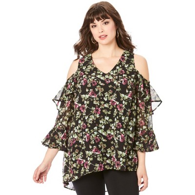 Roaman's Women's Plus Size Cold Shoulder Georgette Big Shirt