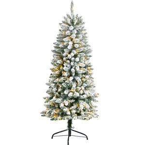 Nearly Natural 5-ft Slim Flocked Montreal Fir Artificial Christmas Tree with 150 Warm White LED Lights and 491 Bendable Branches - 1 of 4