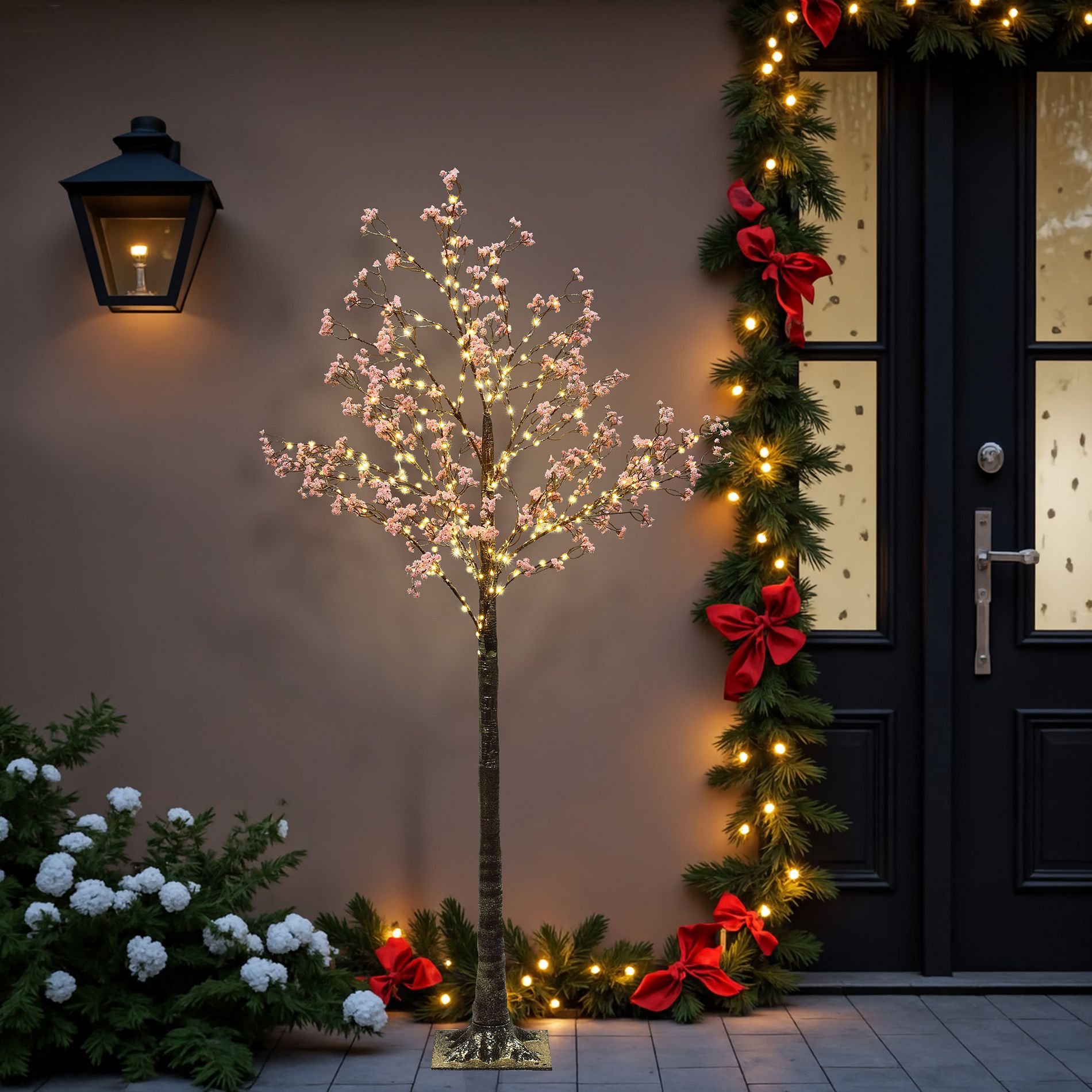 LuxenHome 5Ft Birch Tree with Led Lights, Artificial Christmas Tree with Pink Flowers and 300 Micro LED Lights, Prelit Trees Xmas Home Decor
