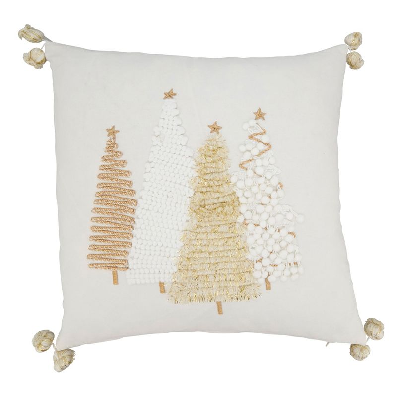 Saro Lifestyle Winter Wonderland Christmas Trees Down Filled Throw Pillow with Pom-Pom Trim, 18", Gold, 1 of 3