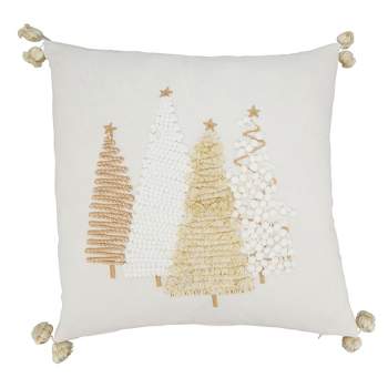 Saro Lifestyle Winter Wonderland Christmas Trees Down Filled Throw Pillow with Pom-Pom Trim, 18", Gold