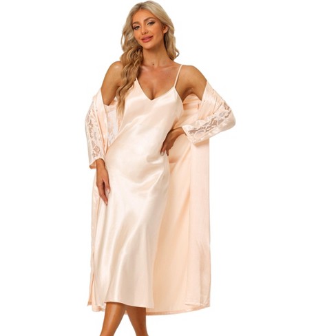 cheibear Womens Satin Robe Nightgown Sets Lace Long Sleeve Bridesmaid  Wedding Bride Bathrobe Champagne Large
