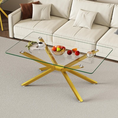 Syemin Rectangle End Table Coffee Table with Tempered Glass Top and Metal Legs for Modern Living Room, Clear, 39.37"*23.62"*16.93"