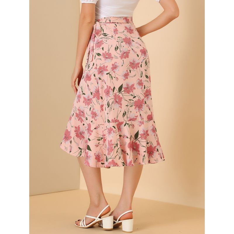 Allegra K Women's Floral Asymmetrical Ruffle Tie Waist Midi Wrap Skirts, 5 of 7