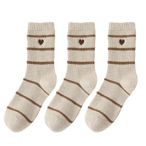Anna-Kaci Women's 3 Pairs Knit Socks with Striped Pattern Heart Embroidery Ribbed Cuffs Soft Warm Fabric - 1 of 4