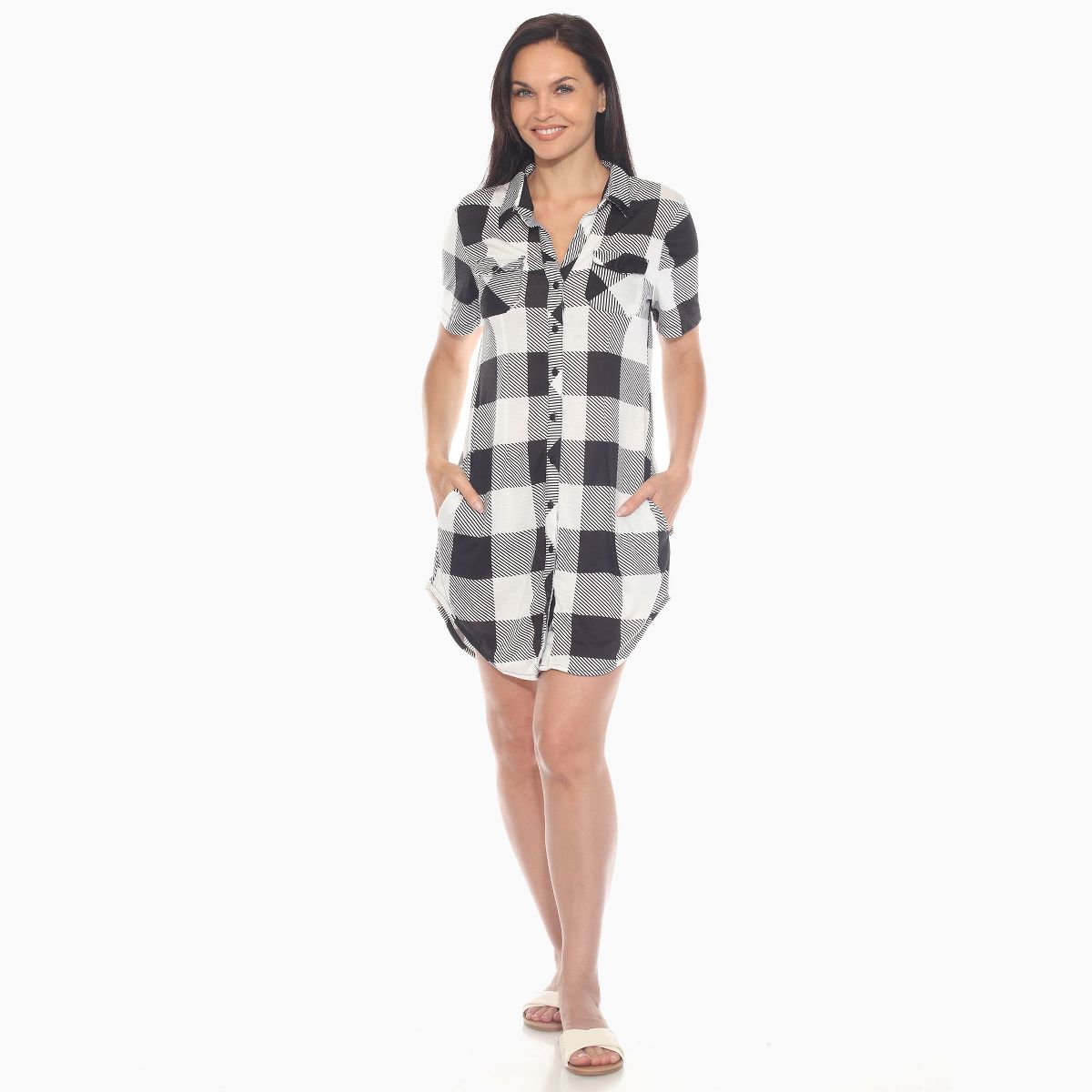Women’s Short Sleeve Plaid Button Down Shirt Dress -White Mark