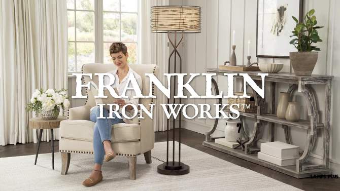 Franklin Iron Works Marlowe Rustic Farmhouse Floor Lamp 60 1/2" Tall Bronze Metal Oster Woven Burlap Fabric Inner Drum Shade for Living Room Bedroom, 2 of 11, play video