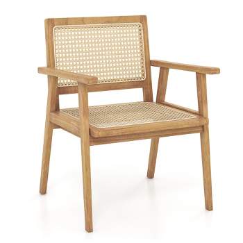 Costway 1/2 PCS Wood Chair Indonesia Teak Wood Armchair with Natural Rattan Seat & Back Patio Chair for Porch