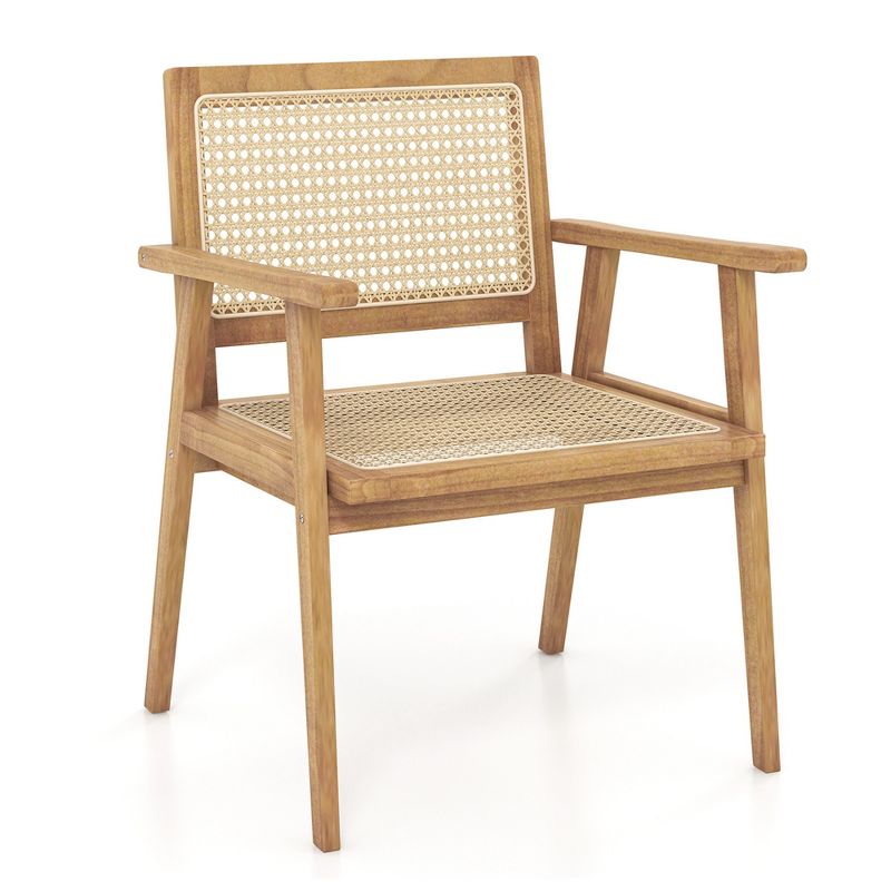 Costway 1/2 PCS Wood Chair Indonesia Teak Wood Armchair with Natural Rattan Seat & Back Patio Chair for Porch, 1 of 8