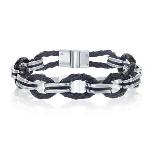 Metallo Mens Stainless Steel Woven Leather and Oval Links Bracelet - Black - 8 Inch - 1 of 3