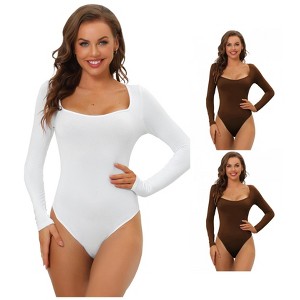 Allegra K Women's Long Sleeve Slim Fit Stretchy Square Neck Leotard Jumpsuit 3 Packs - 1 of 4