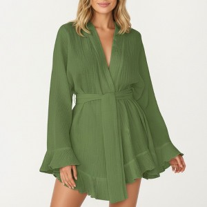 Anna-Kaci Lounge Women's Wrap Tie Front Night Robe and Ruffle Shorts 2-Piece Set - 1 of 4