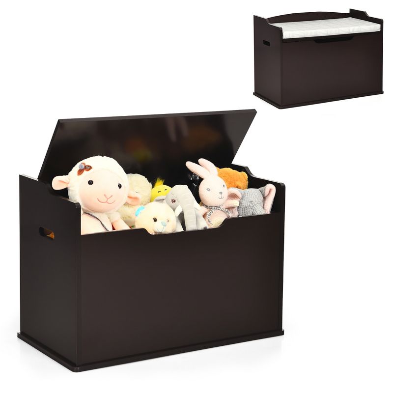 Costway Kids Toy Box Wooden Flip-top Storage Chest Bench W/ Cushion Safety Hinge, 1 of 11