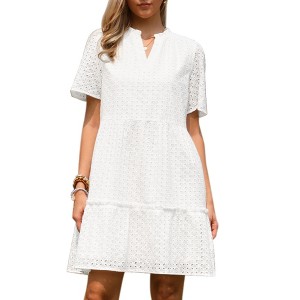 INSPIRE CHIC Women's Split V Neck Summer Eyelet Short Sleeve Hollow Out Ruffle A-Line Mini Dresses - 1 of 4