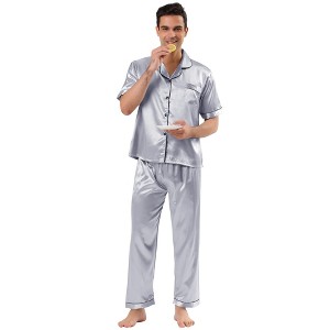 Lars Amadeus Men's Solid Color Short Sleeves Shirts Long Pants Satin Pajamas Sets 2 Packs - 1 of 4