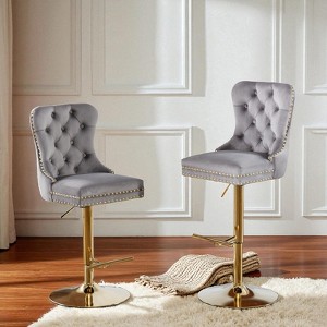 Mshliw Set of 2 Modern Velvet Swivel Barstools with Adjustable Seat Height 27¨C35 Inch, Tufted Upholstered Counter Chairs with Gold Base - 1 of 4
