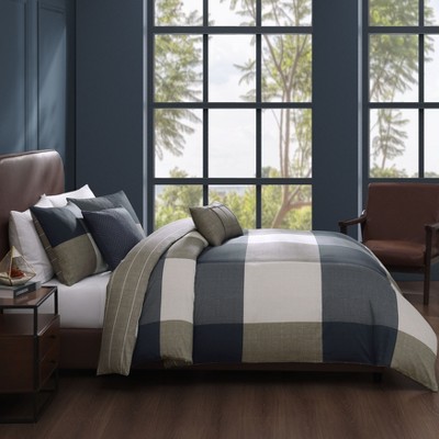 Bebejan Checkered Navy Tan 100% Cotton Sateen 5 Piece Plaid Reversible Comforter Set, All Season Bedding Set - Queen — фото 7